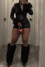 Fur Collar & Cuff Metallic Top and Shorts Set Lavish Daily