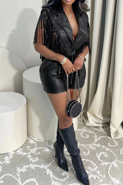 Fringed Faux-Leather Blazer & Shorts 2-Piece Set Lavish Daily