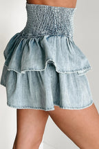 Light Washed Denim Tiered Skirt Lavish Daily