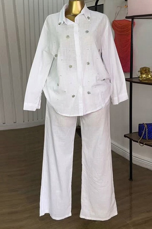 Beaded Collared Shirt & High-Waist Pants Set Lavish Daily