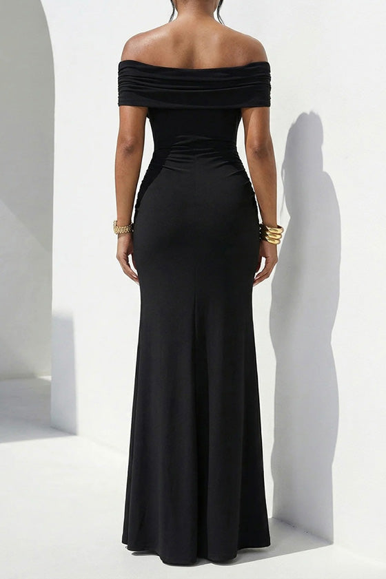 Off-Shoulder Draped Slit Maxi Dress Lavish Daily