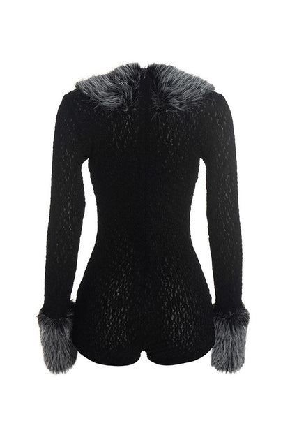 Plush-Trim V-Neck Long-Sleeve Romper Lavish Daily