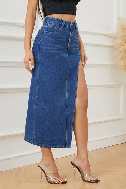 Denim Slit Maxi Skirt Lavish Daily