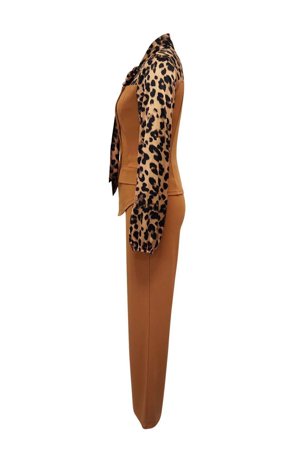 Leopard Print Tie-Neck Tailored Top & Wide Leg Pant Set Lavish Daily