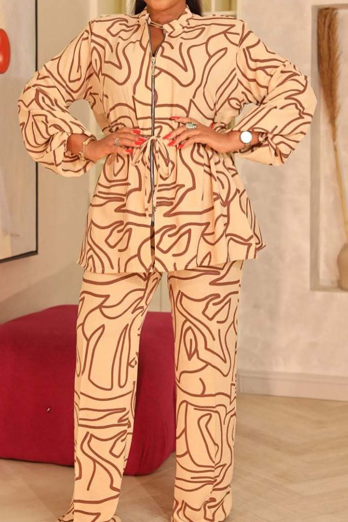 Printed Stand Collar Drawstring Waist 2-Piece Set Lavish Daily