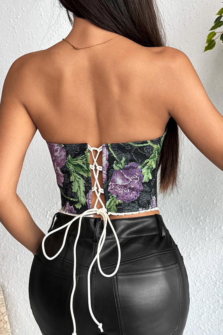 Floral Lace-Up Boned Bustier Tube Top Lavish Daily