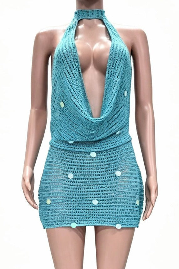 Embellished Plunging Cowl Neck Crochet Mini Dress Lavish Daily