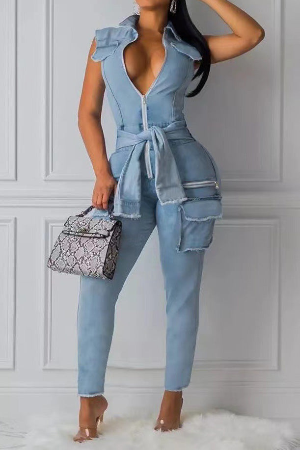 Sleeveless Tummy Control Zip Up Lapel Jumpsuit Lavish Daily