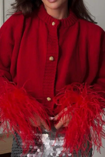 Faux Feather Cuff Button-Up Knit Cardigan Lavish Daily