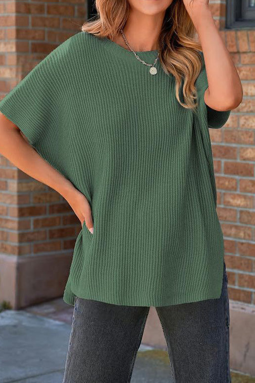 Short Sleeve Side Slit Oversized Sweater Lavish Daily