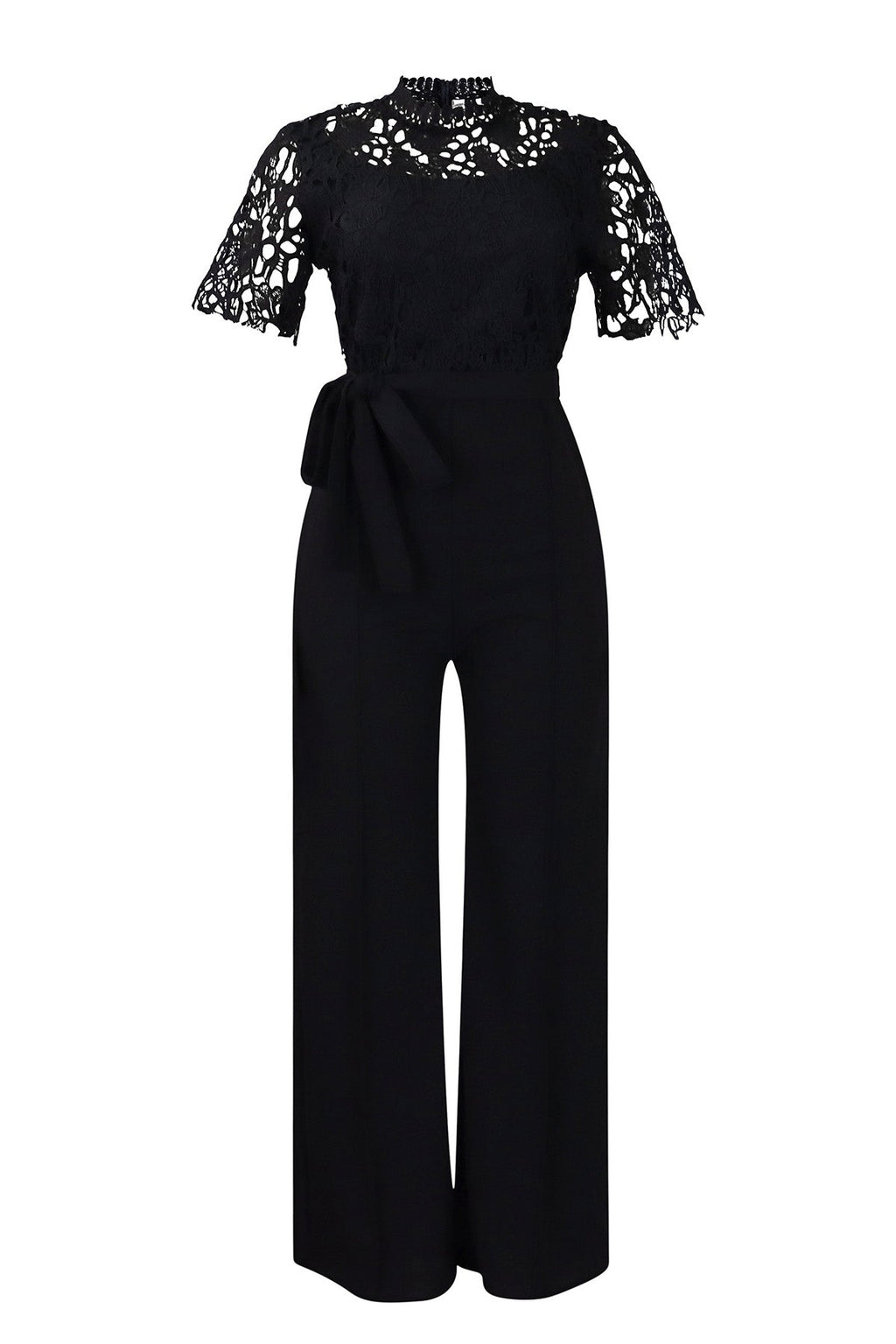 Lace Hollow Out Tie Waist Wide Leg Jumpsuit Lavish Daily