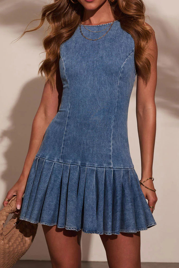 Pleated Denim Mini Dress Lavish Daily