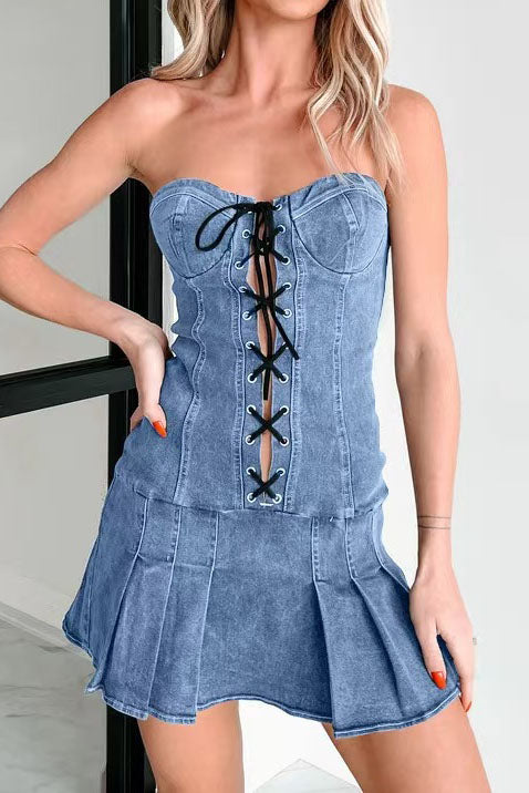 Pleated Lace-Up Mini Dress Lavish Daily