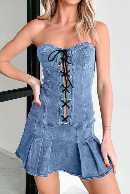 Pleated Lace-Up Mini Dress Lavish Daily