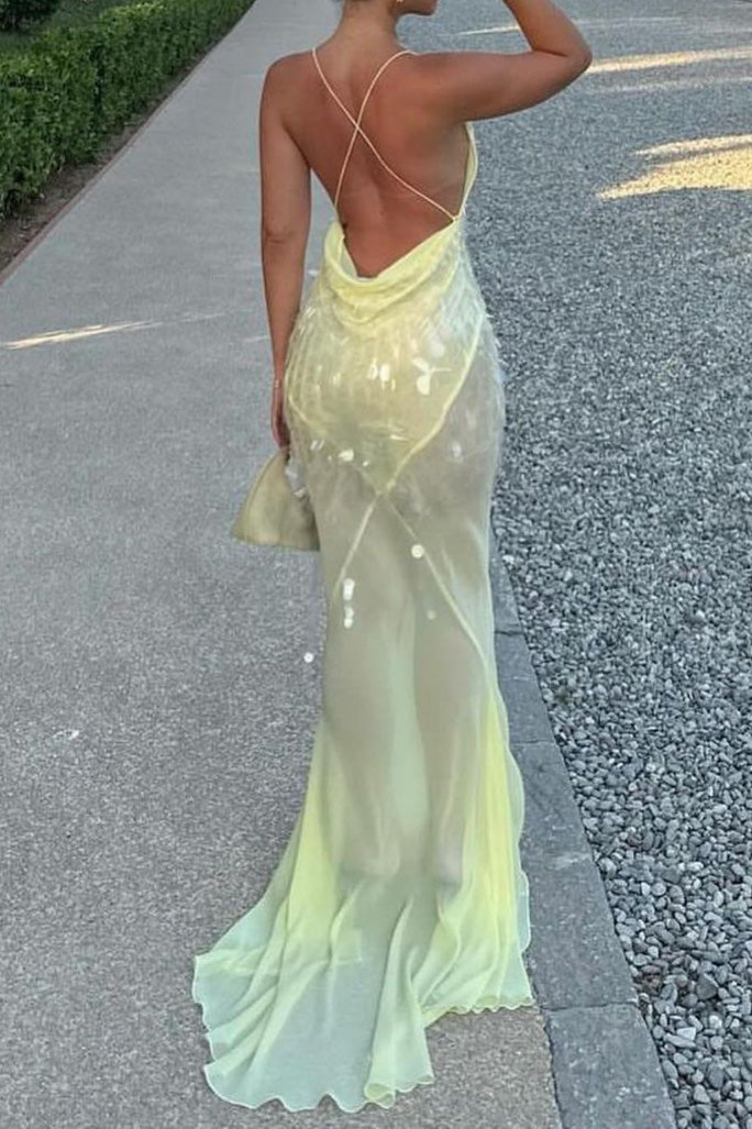 Sequin Backless Drape Tulle Hem Slip Maxi Dress Lavish Daily