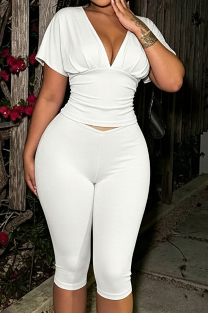 Ruched V-Neck Top & Bodycon Capri Set Lavish Daily