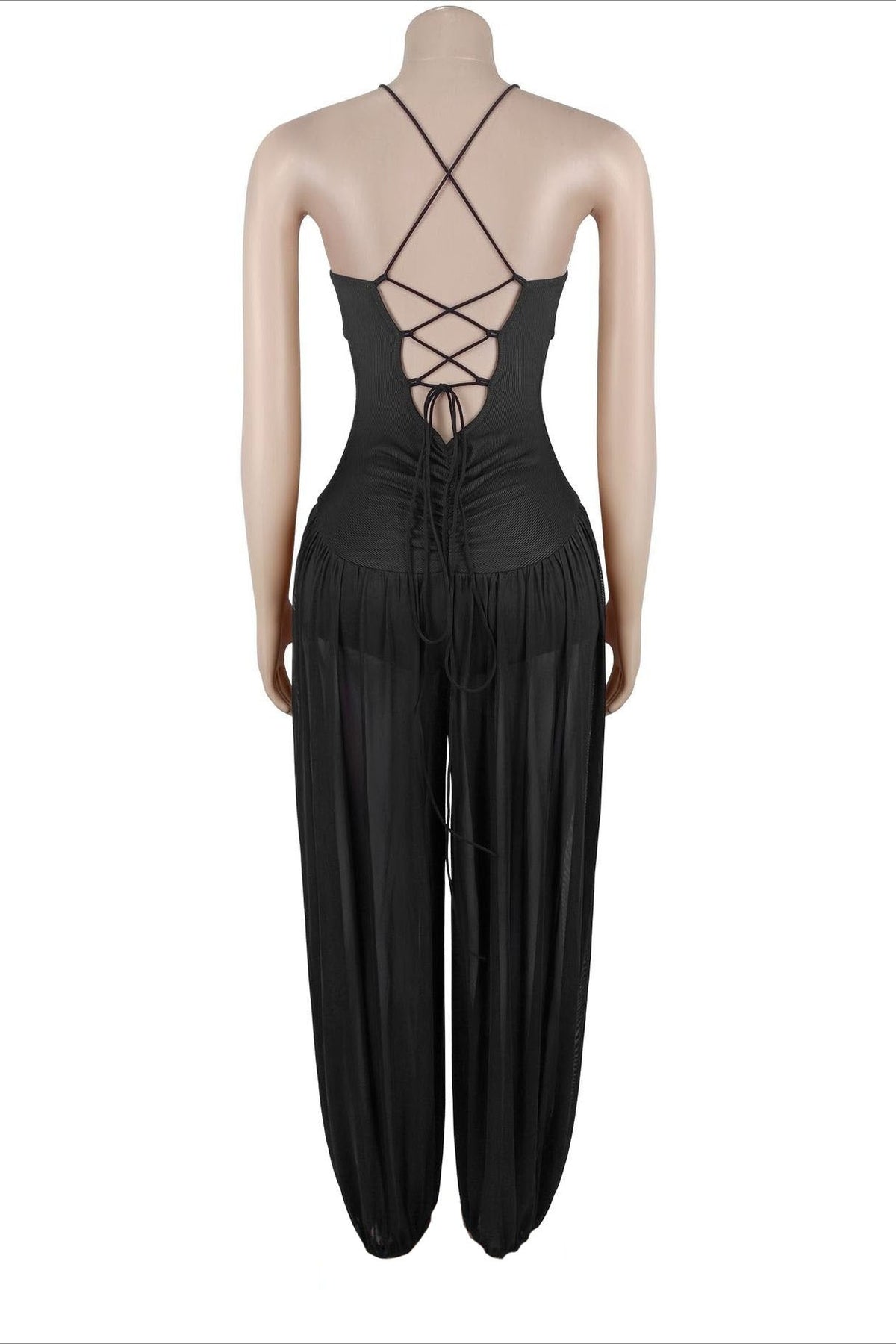 Sheer Lace-Up Wide Leg Jumpsuit Lavish Daily