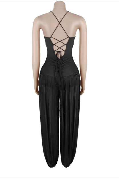 Sheer Lace-Up Wide Leg Jumpsuit Lavish Daily