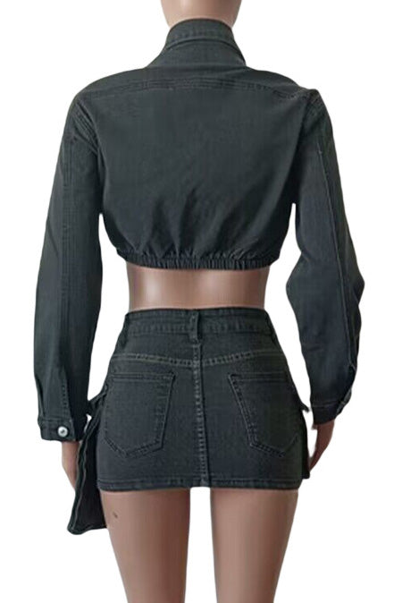 Black Denim Jacket And Skirt Set Lavish Daily