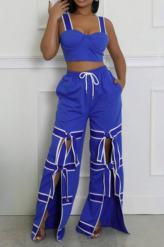 Stretch Sling Crop Vest Slit Wide Leg Pants Set Lavish Daily