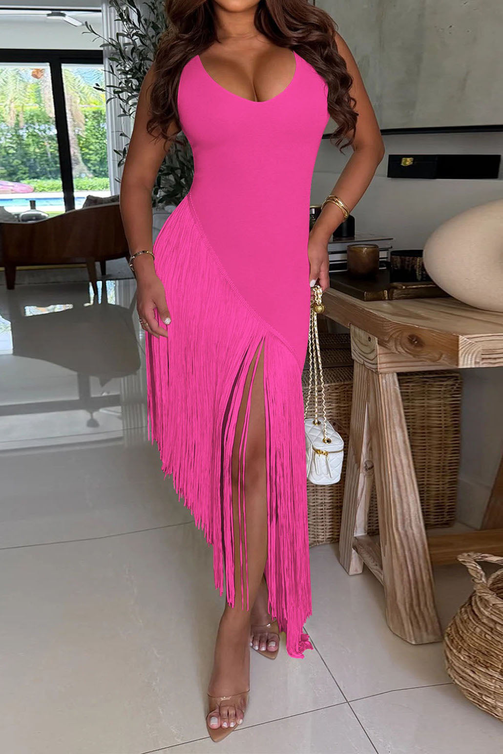 Sleeveless Asymmetrical Fringe Maxi Dress Lavish Daily