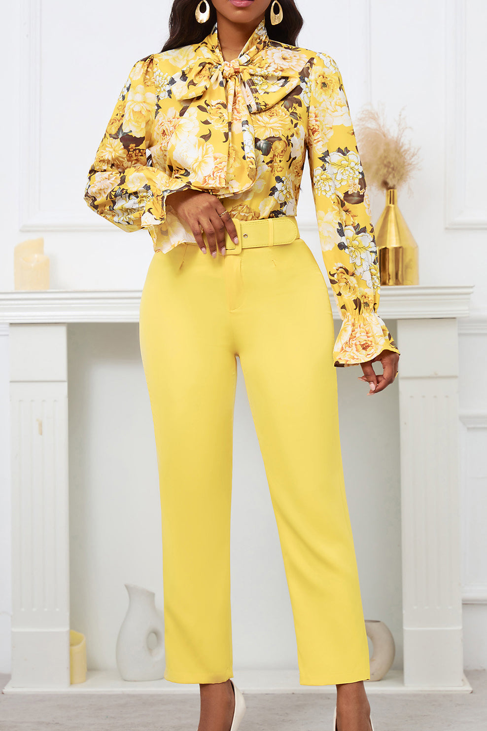 Floral Printing Blouse Solid Color Pants Set Lavish Daily