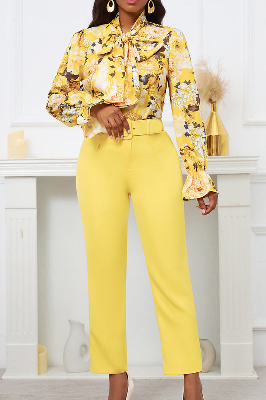 Floral Printing Blouse Solid Color Pants Set Lavish Daily