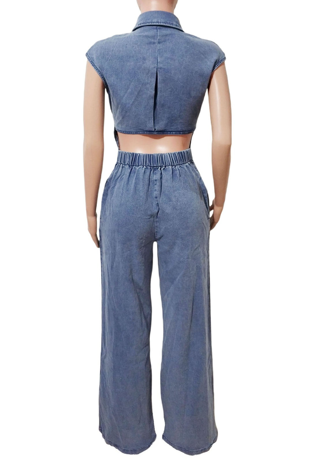 Back Cut Out Denim Jumpsuit Lavish Daily