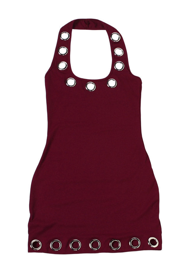 Eyelet Halter Backless Mini Dress Lavish Daily