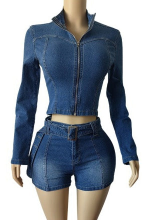 Washed Denim Zip Up Top & Shorts Set Lavish Daily