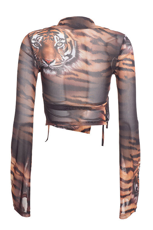 Tiger-Print Tie-Front Mesh Shirt Lavish Daily