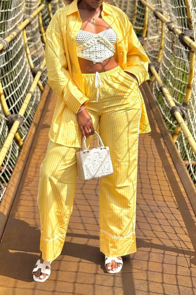 Yellow Striped Shirt & Wide-Leg Pants Set Lavish Daily