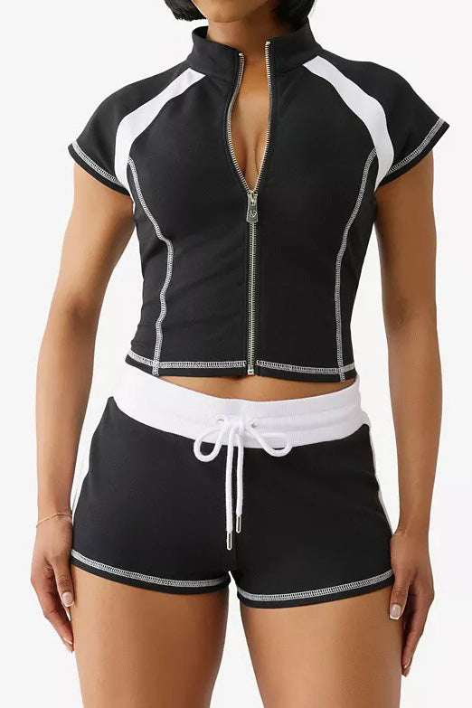 Casual Short Sleeve Zip Up Activewear Set Lavish Daily
