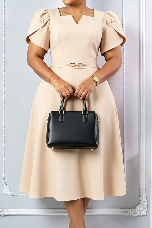 Notched Neck Petal Sleeve A-Line Midi Dress Lavish Daily