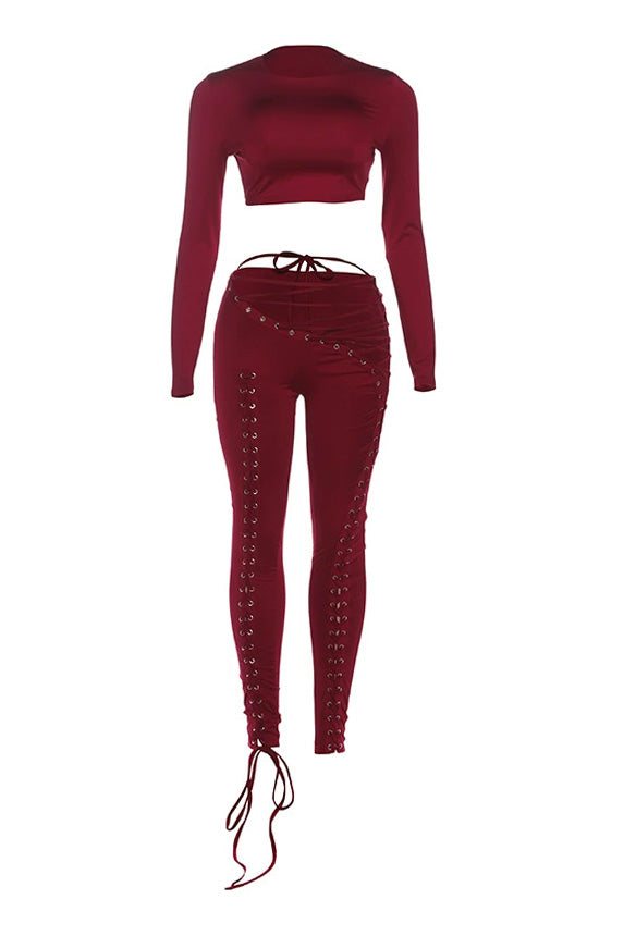 Long Sleeve Crop Top and Lace-Up Pants Set Lavish Daily