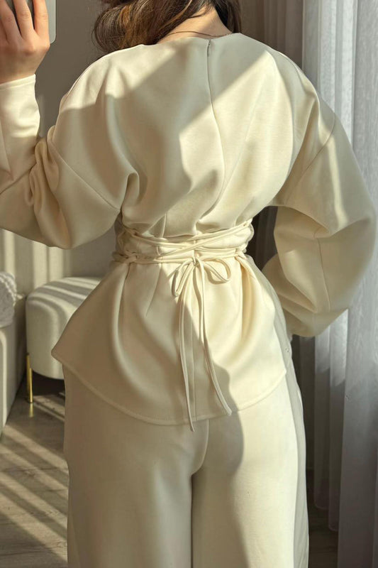 Tie-Waist Peplum Blouse & Trouser Set Lavish Daily