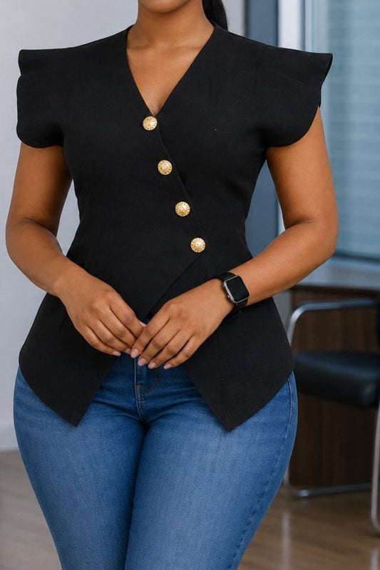 Asymmetrical Button-Front Flutter Sleeve Peplum Top Lavish Daily
