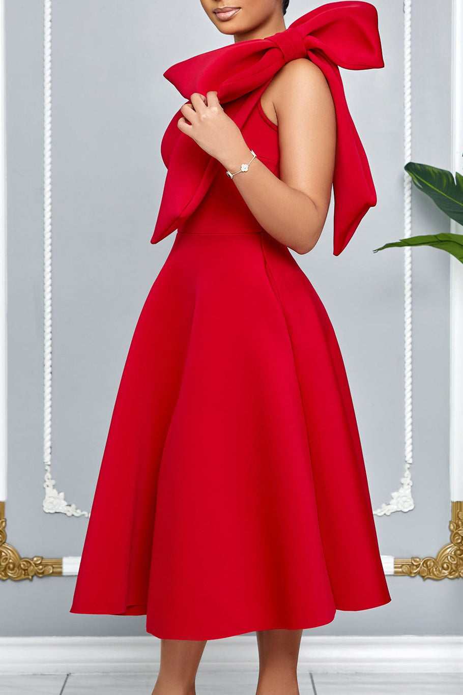 Single Shoulder Bow Detail Flare Midi Dress Lavish Daily