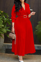 Plus Size Long Sleeve V-Neck Pleated Maxi Dresses Lavish Daily