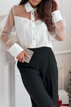 Mesh Stitching Lapel Long Sleeve Elegant Shirt Lavish Daily