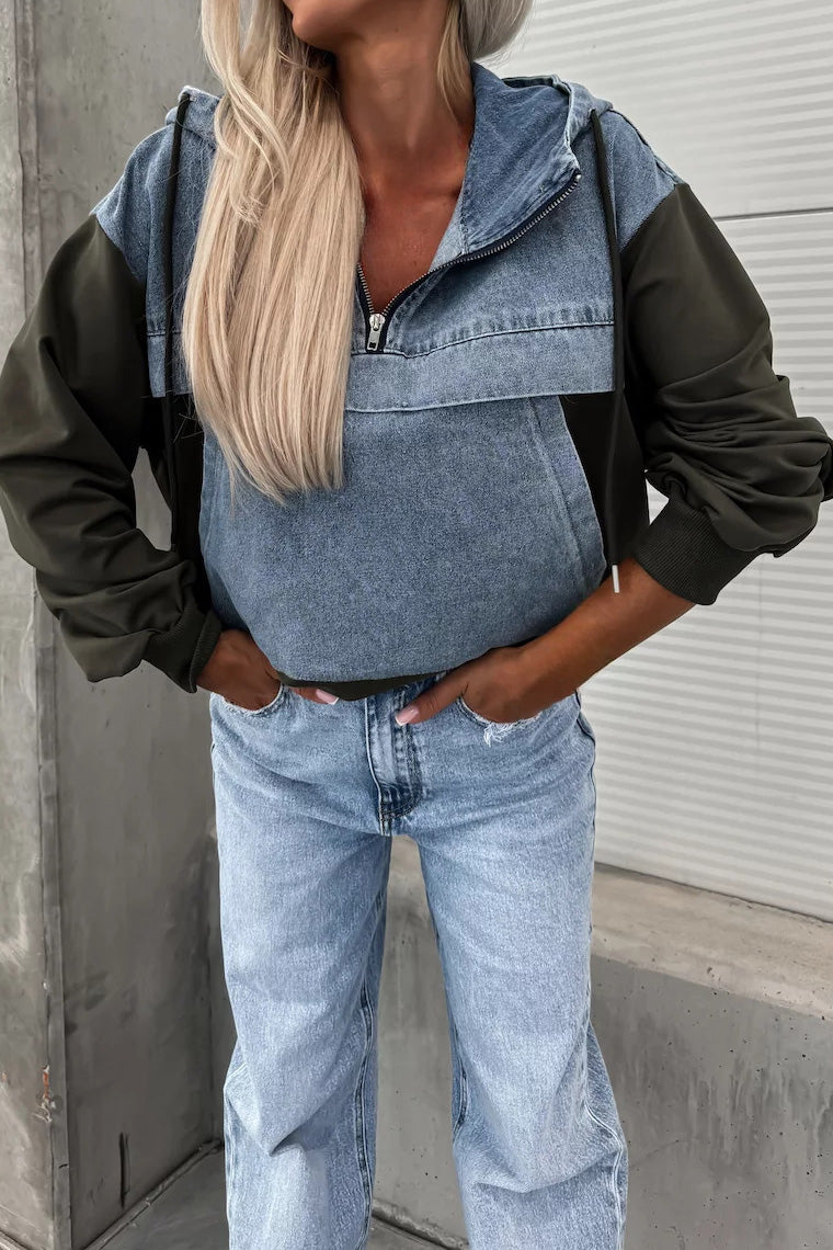Loose Wash Denim Patchwork Hoodie Lavish Daily