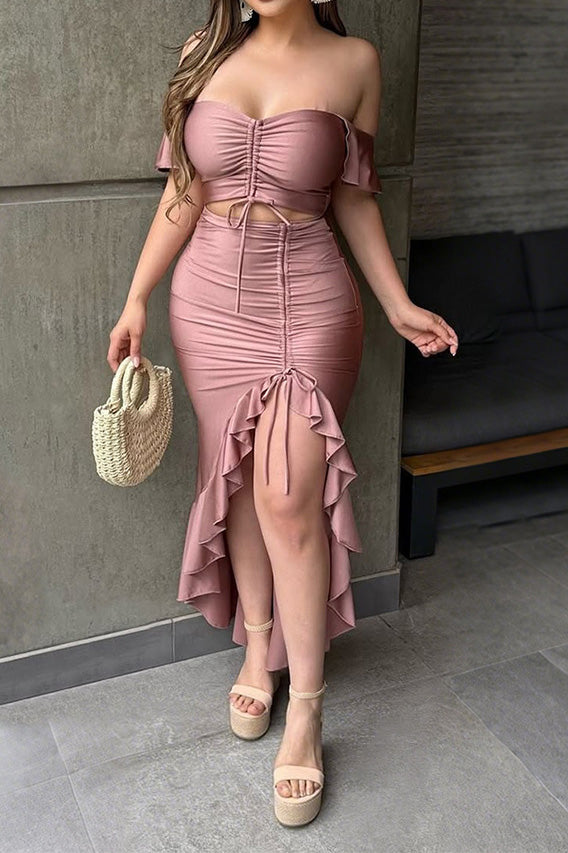 Off Shoulder Ruffle Slit Asym Bodycon Dress Lavish Daily
