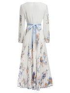 V Neck Floral Long Sleeve A Line Maxi Dress LavishDaily