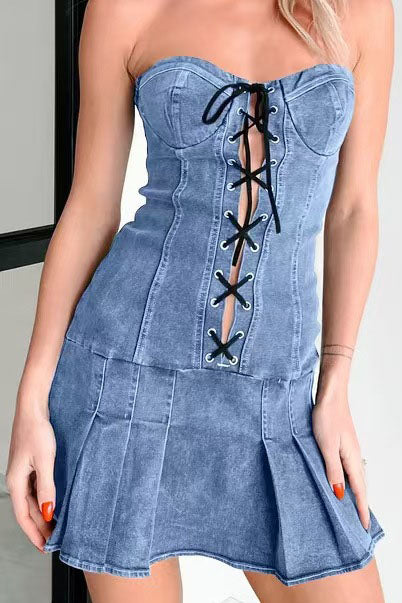 Pleated Lace-Up Mini Dress Lavish Daily