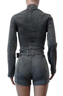 Washed Denim Zip Up Top & Shorts Set Lavish Daily