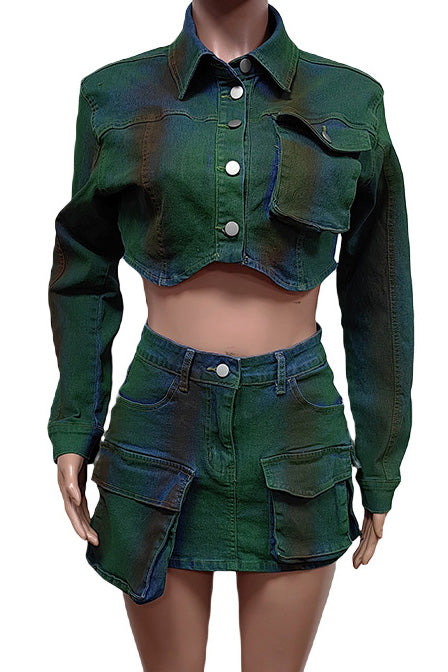 Cropped Denim Jacket and Cargo Skirt Set Lavish Daily