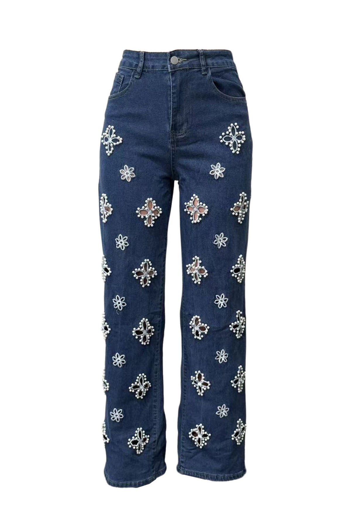 Pearl Embellished Floral Cutout Jeans Lavish Daily