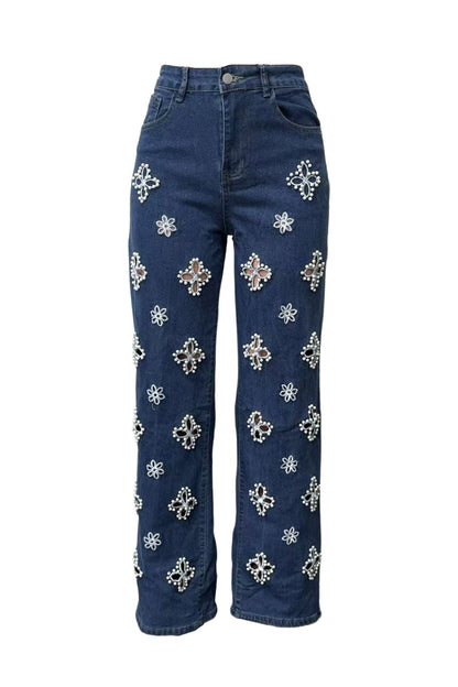 Pearl Embellished Floral Cutout Jeans Lavish Daily