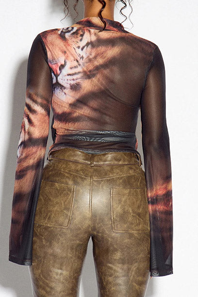 Tiger-Print Tie-Front Mesh Shirt Lavish Daily
