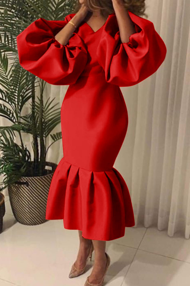Plus Size Solid Color Puff Sleeve Flounce Dress Lavish Daily